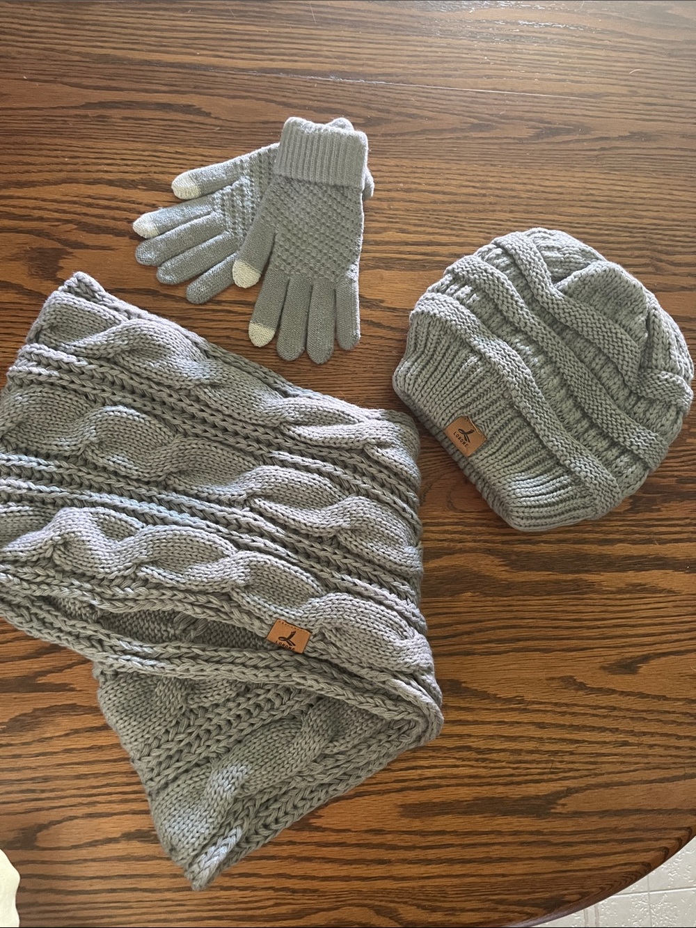 Gray Cable Knit Beanie, Scarf & Gloves Set